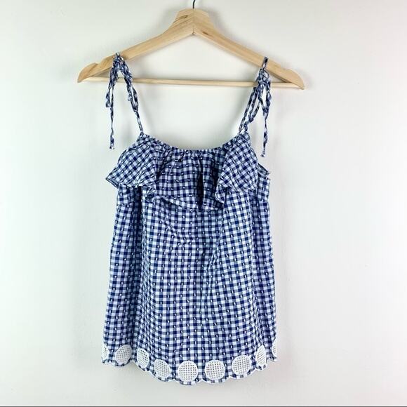 J. Crew Tie Shoulder Ruffle Eyelet Trim Gingham Cotton Embroidered Top 0 - Picture 2 of 8